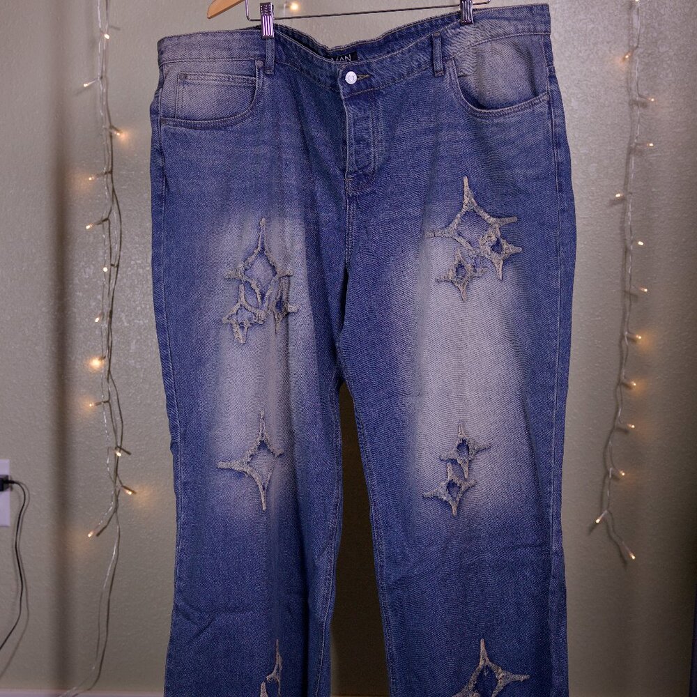 Men's Star Embroidered Blue Acid Wash Jeans - Boohoo Man - Men's Size 46